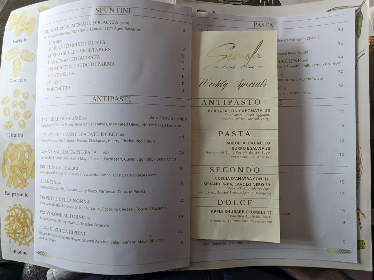 Menu, Semola Sydney
