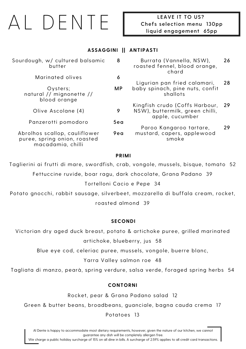 Menu, Al Dente Enoteca Restaurant