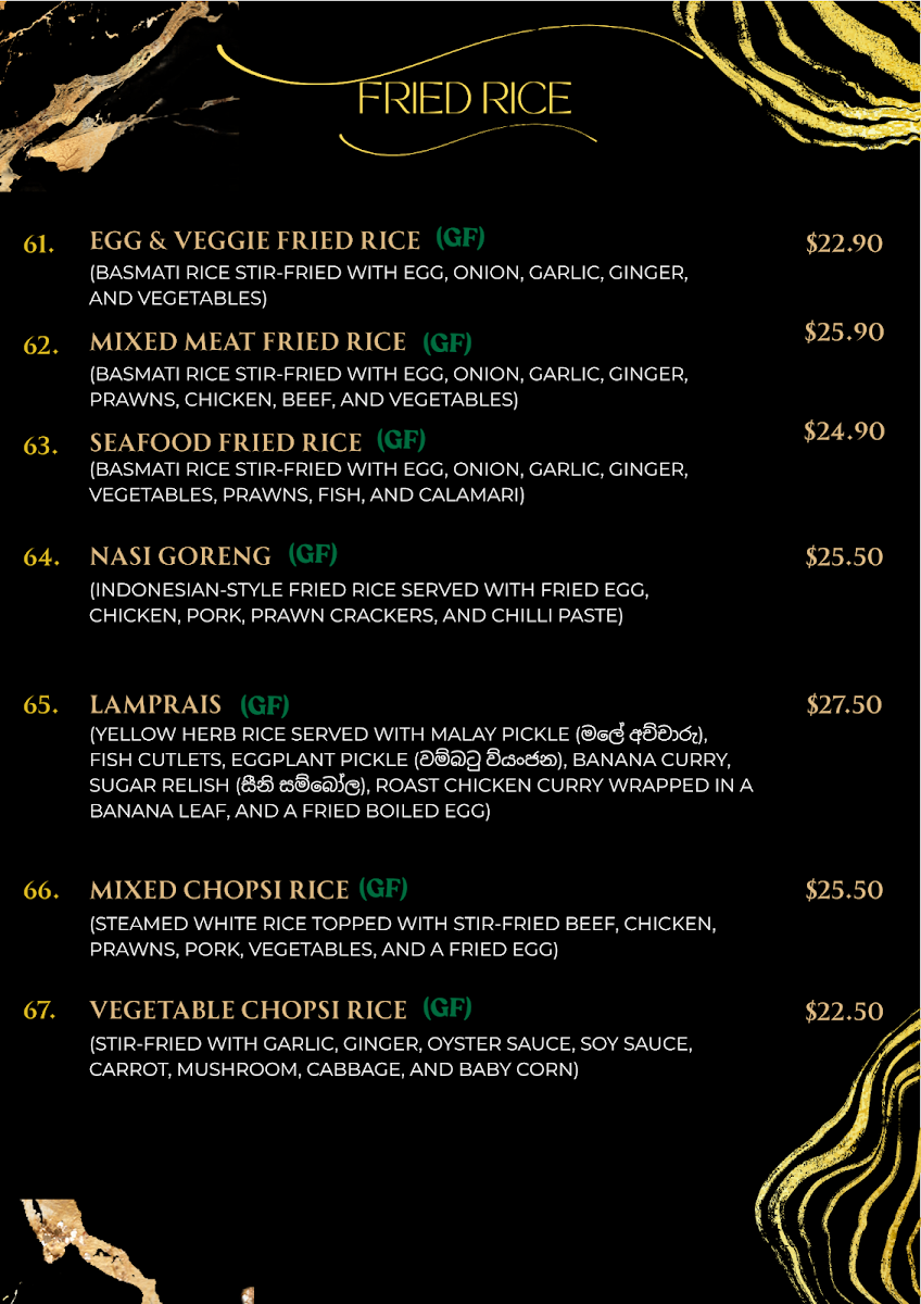Menu, Wild Asia Graceville