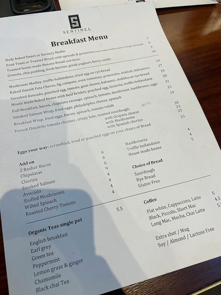 Menu, Sentinel Bar & Grill