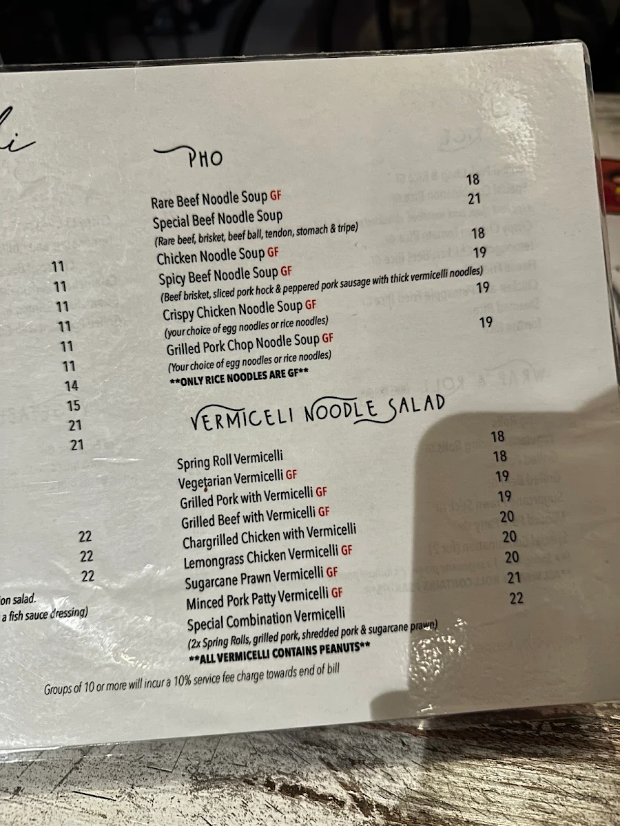 Menu, Song Nhi Vietnamese Restaurant