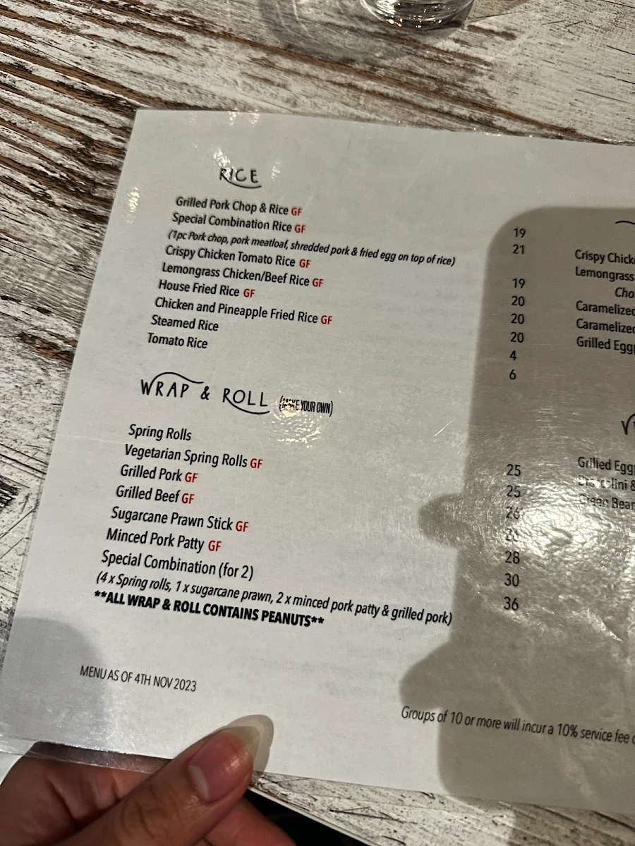 Menu, Song Nhi Vietnamese Restaurant