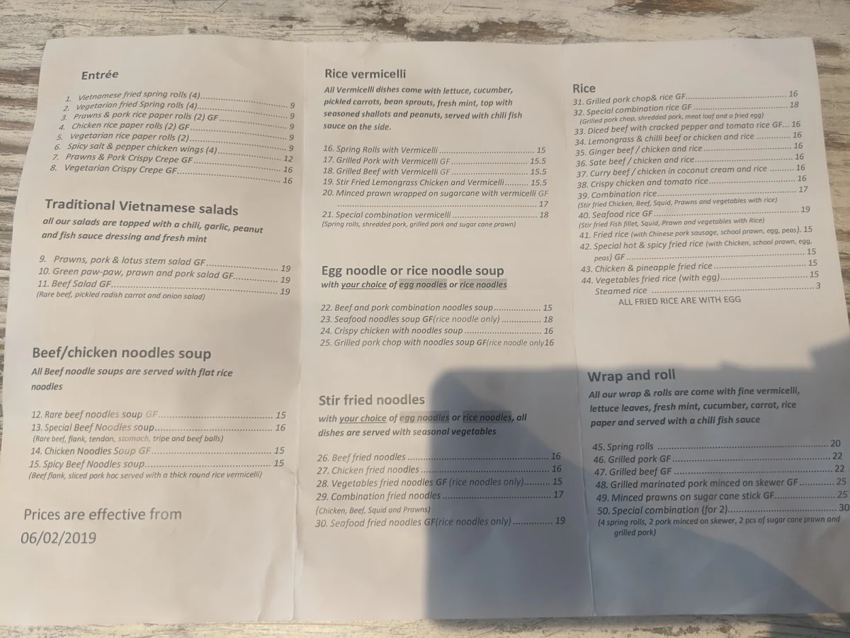Menu, Song Nhi Vietnamese Restaurant