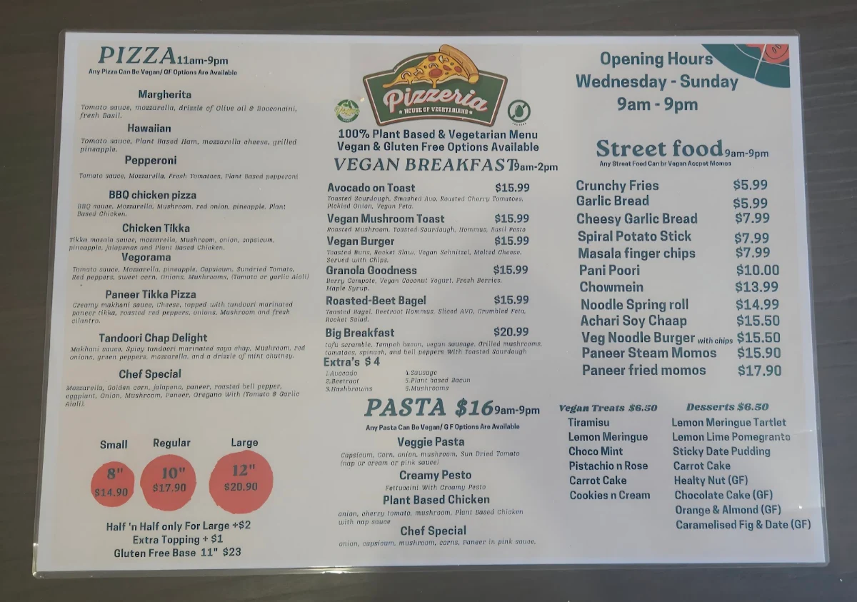 Menu, Pizzeria House Of Veg