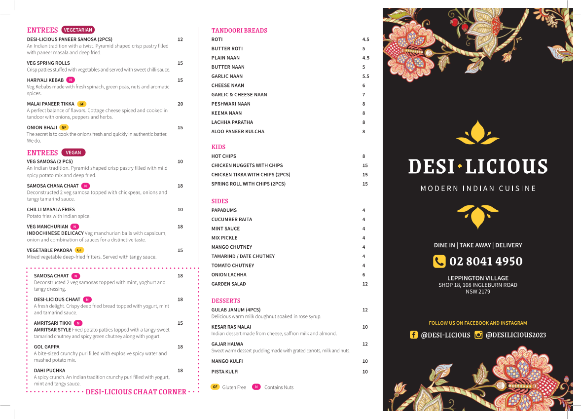 Menu, Desilicious Indian Cuisine Leppington