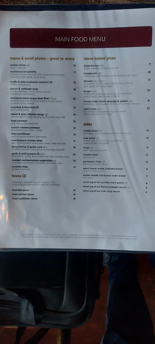 Menu, The Temple Bar