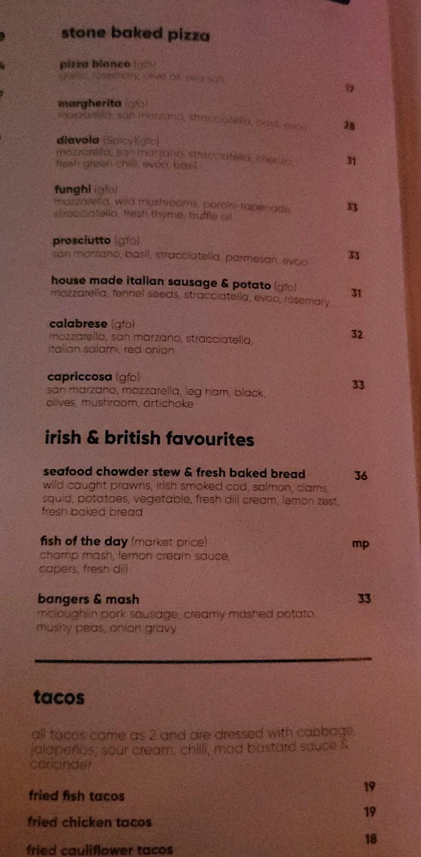 Menu, The Temple Bar
