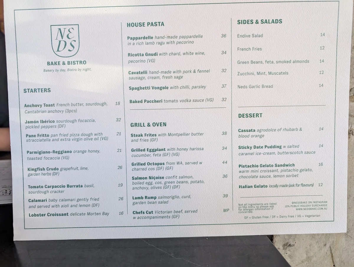 Menu, Ned's Bake & Bistro South Yarra