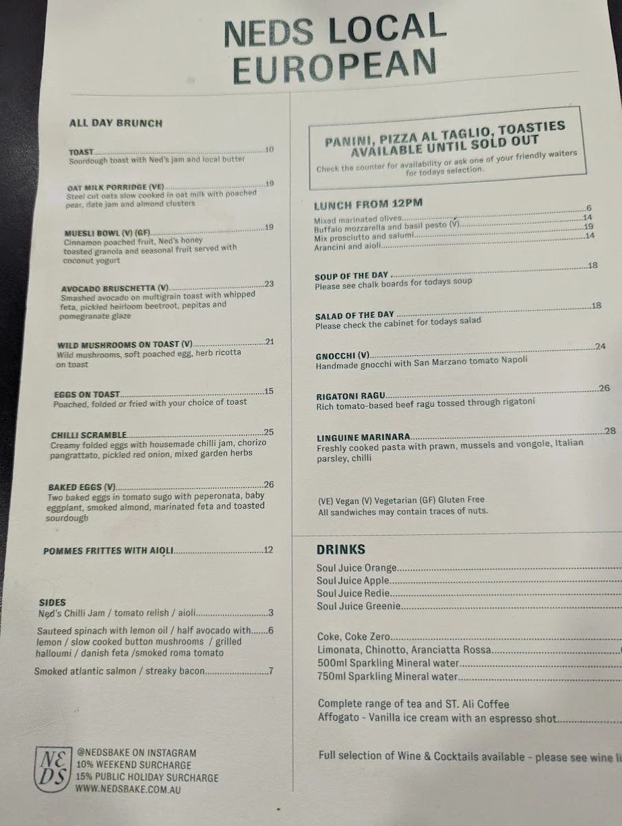 Menu, Ned's Bake & Bistro South Yarra