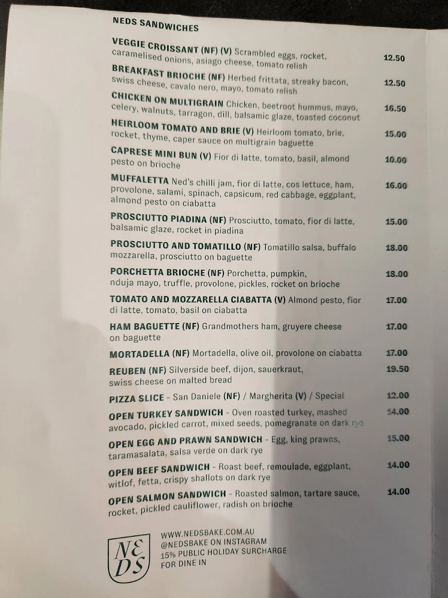 Menu, Ned's Bake & Bistro South Yarra