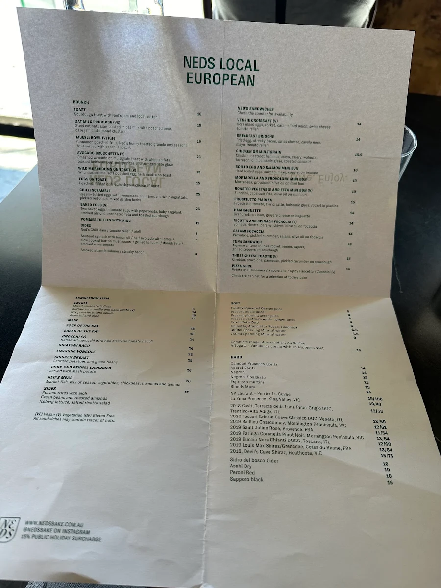 Menu, Ned's Bake & Bistro South Yarra