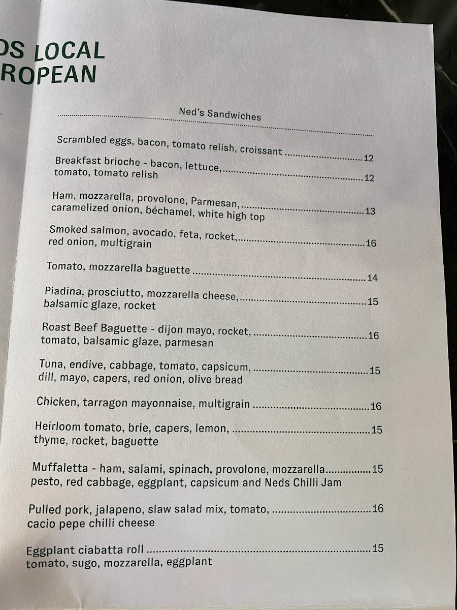Menu, Ned's Bake & Bistro South Yarra