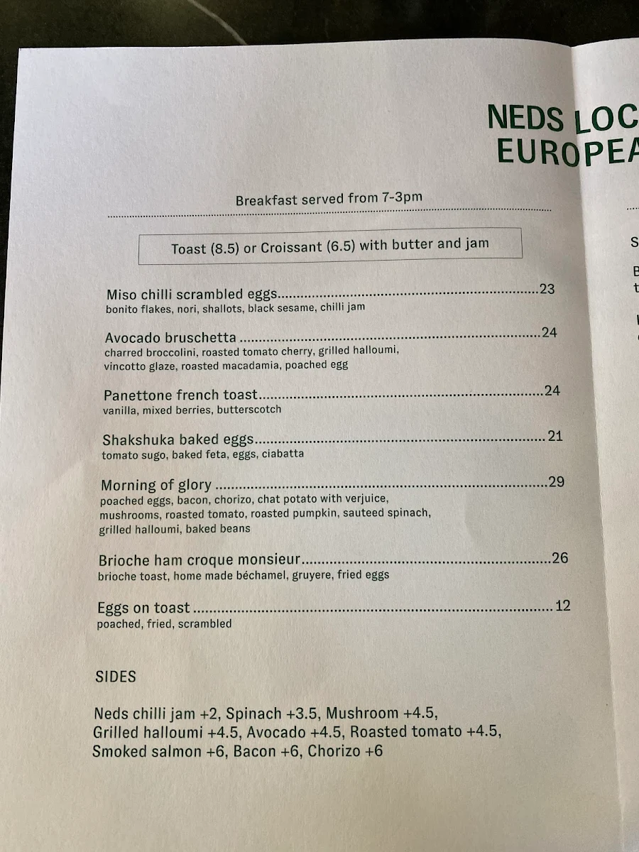 Menu, Ned's Bake & Bistro South Yarra