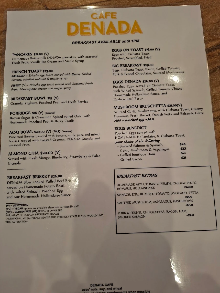 Menu, Cafe Denada
