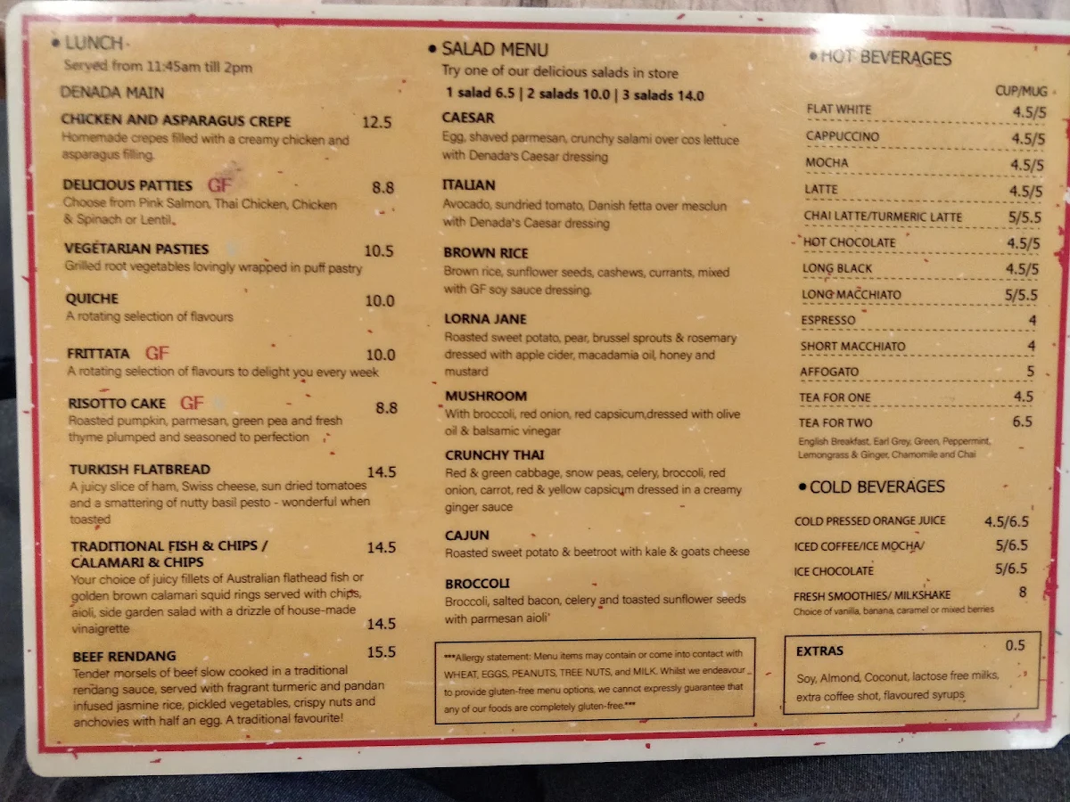 Menu, Cafe Denada