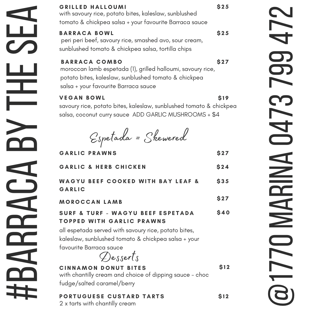 Menu, 1770 Barraca by the sea