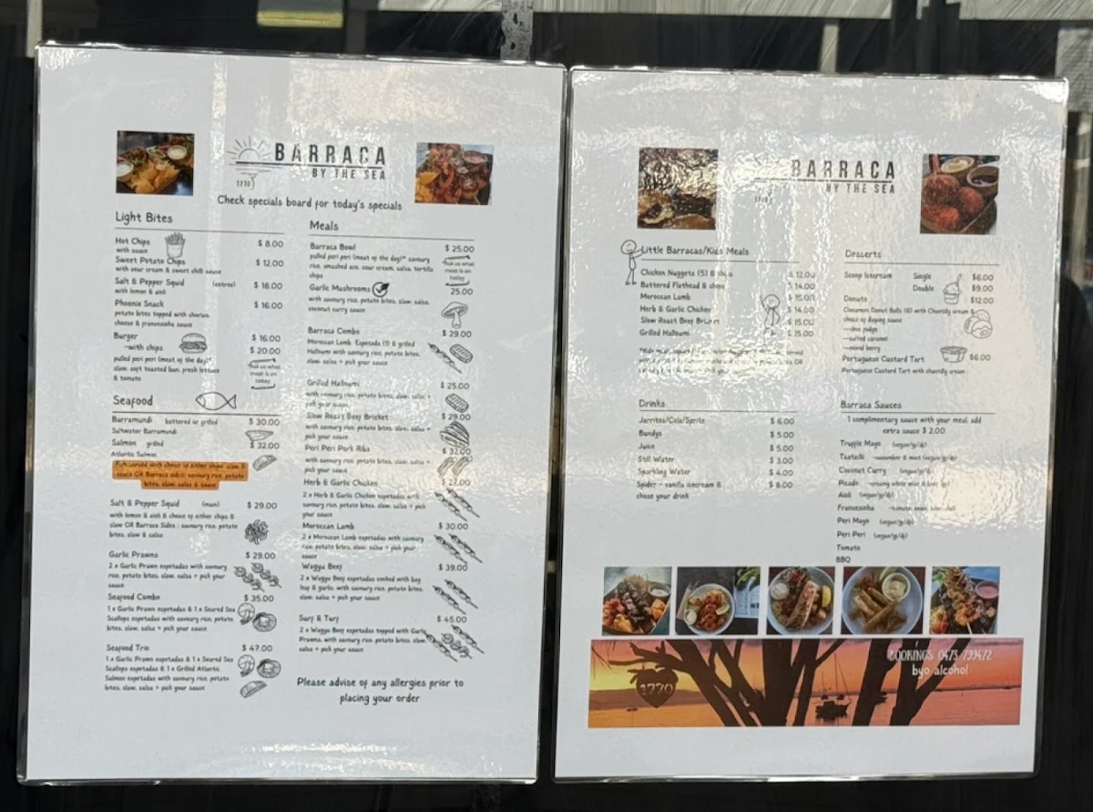Menu, 1770 Barraca by the sea