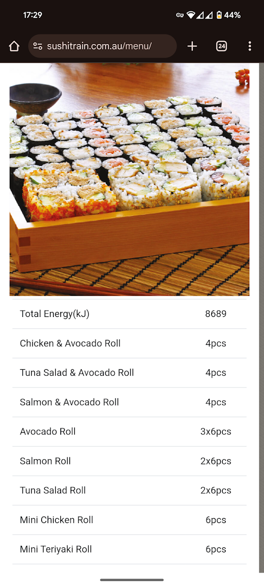 Menu, Sushi Train Algester