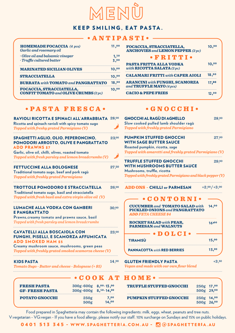 Menu, Spaghetteria Randwick