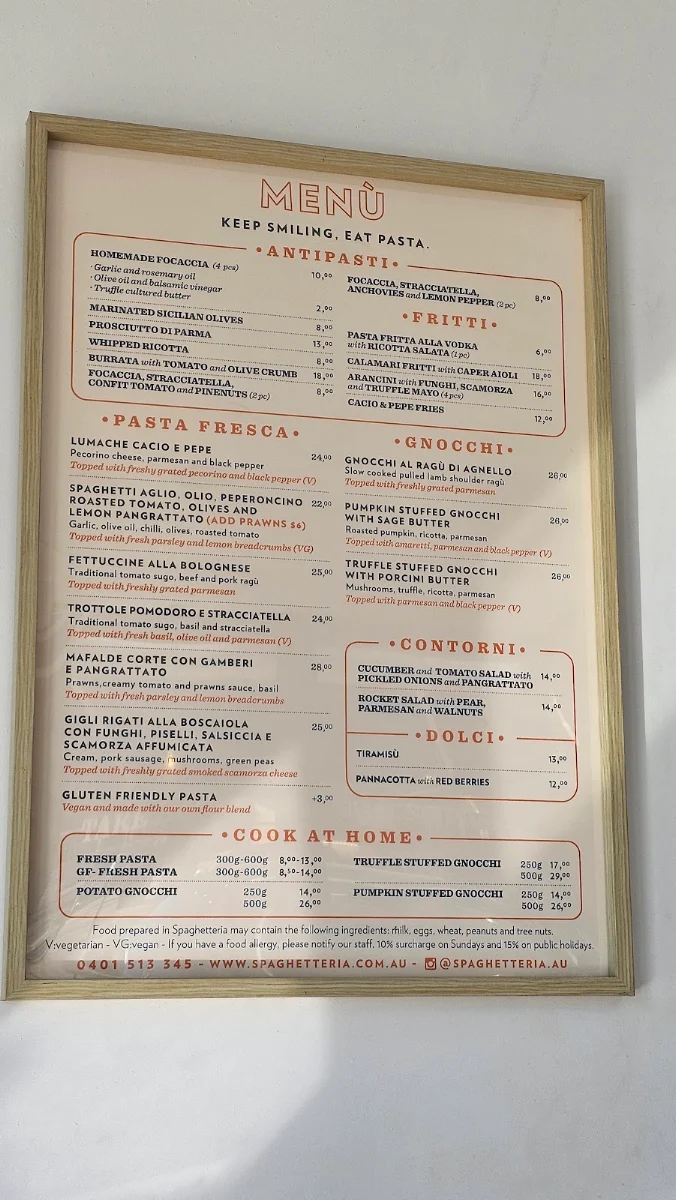 Menu, Spaghetteria Randwick