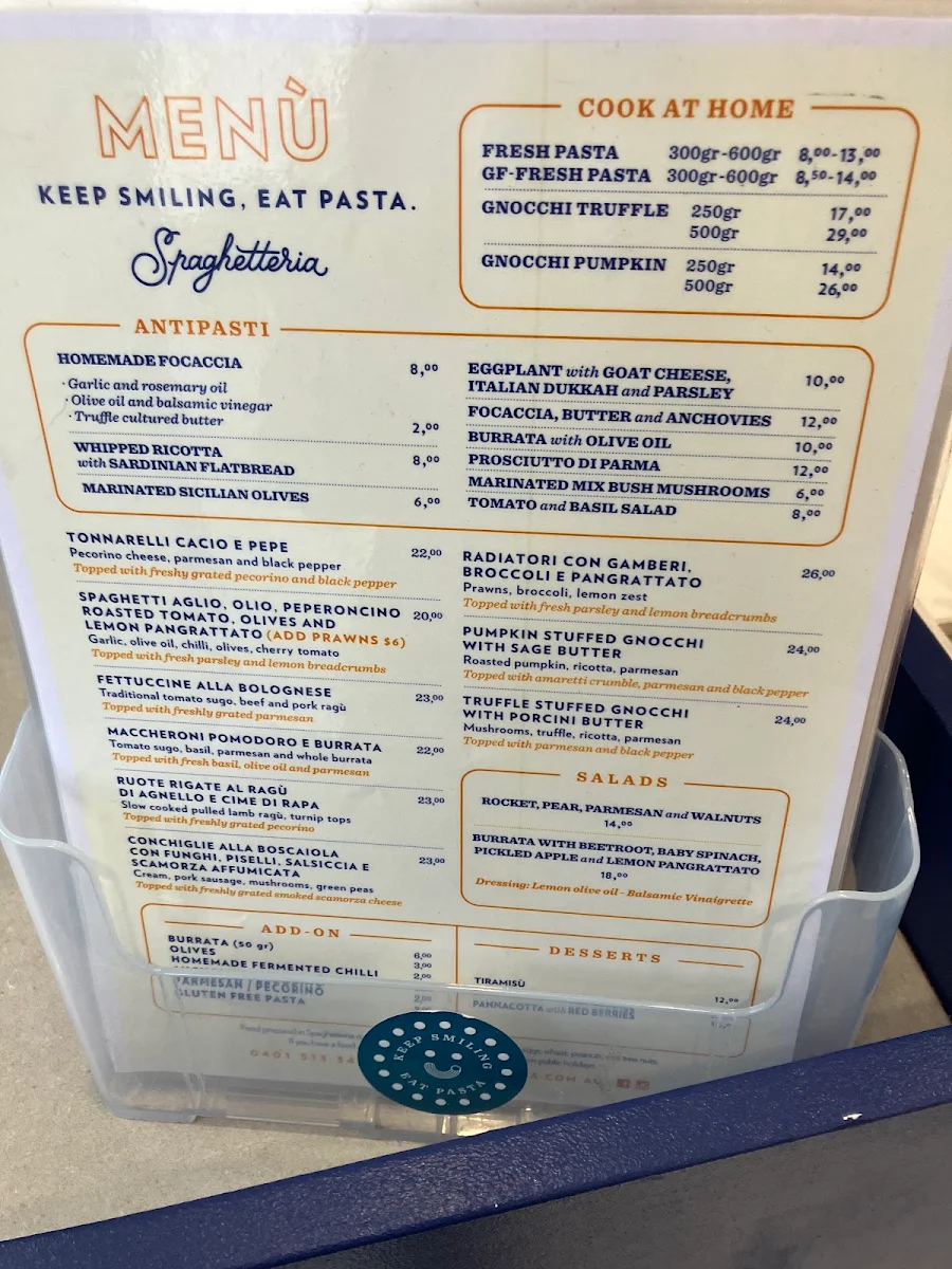 Menu, Spaghetteria Randwick