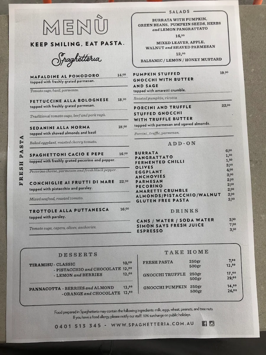 Menu, Spaghetteria Randwick