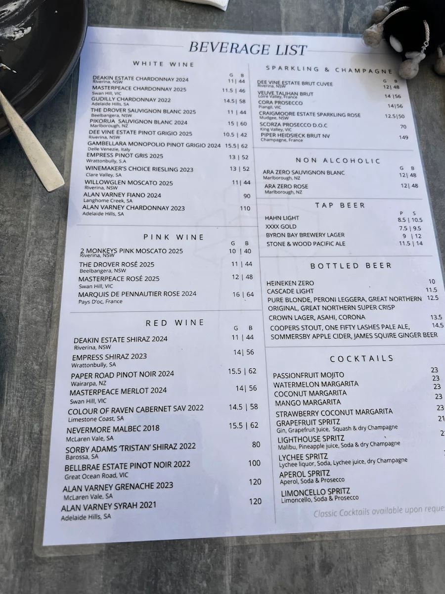Menu, The Lighthouse Restaurant