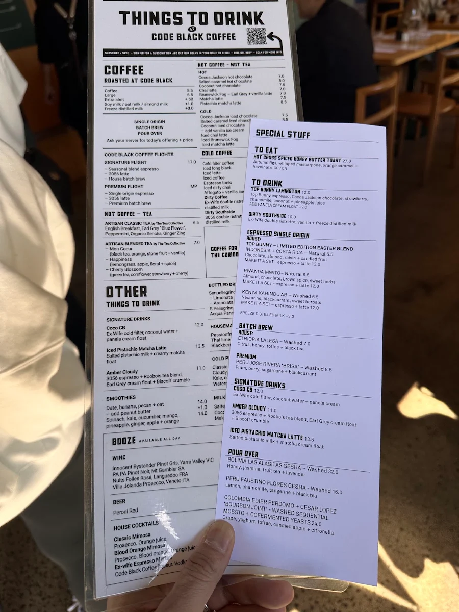 Menu, Code Black Coffee South Melbourne