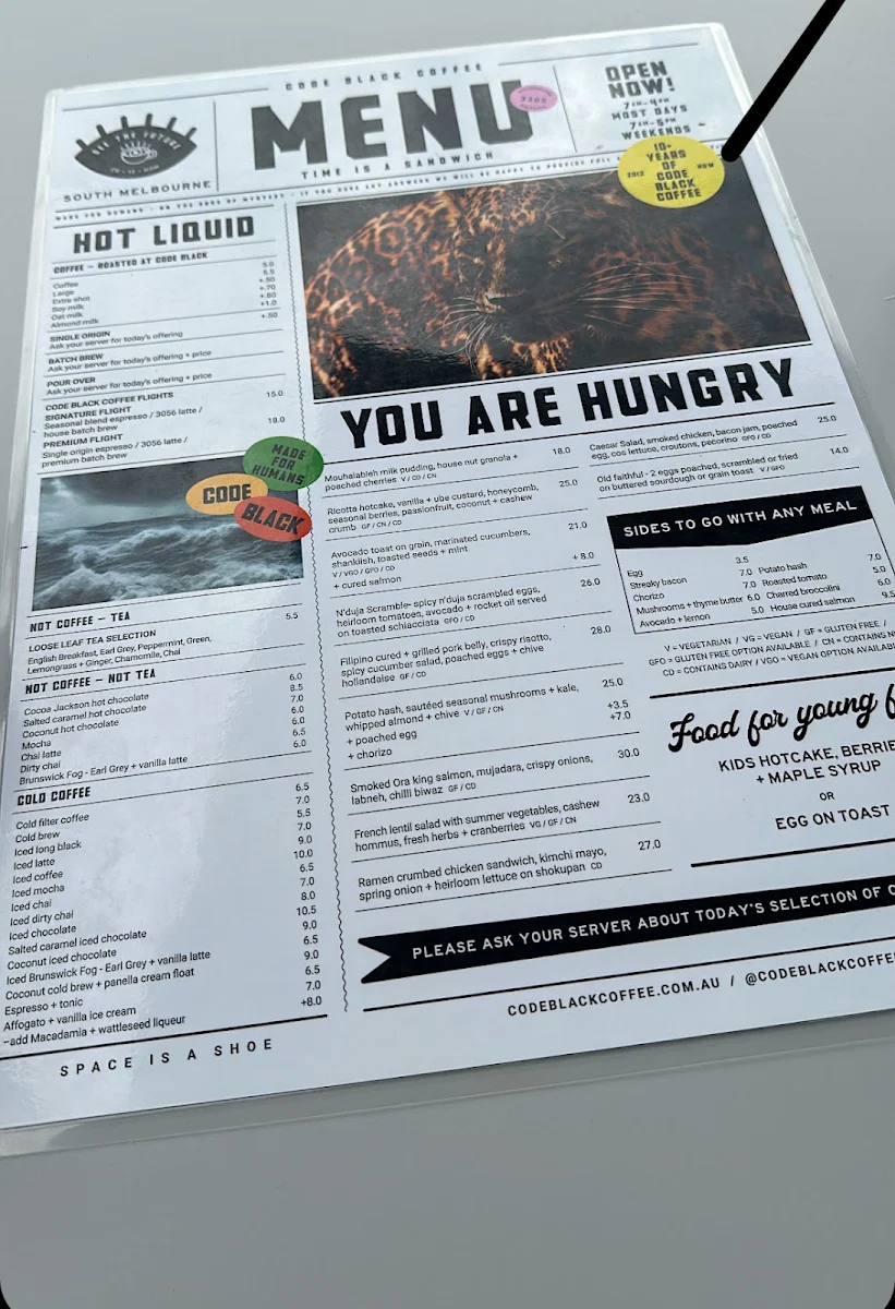 Menu, Code Black Coffee South Melbourne