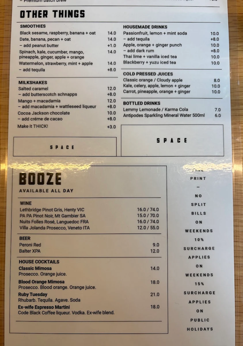 Menu, Code Black Coffee South Melbourne