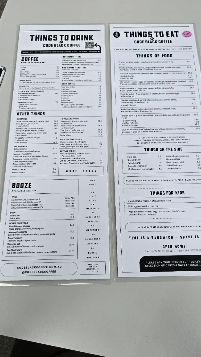 Menu, Code Black Coffee South Melbourne