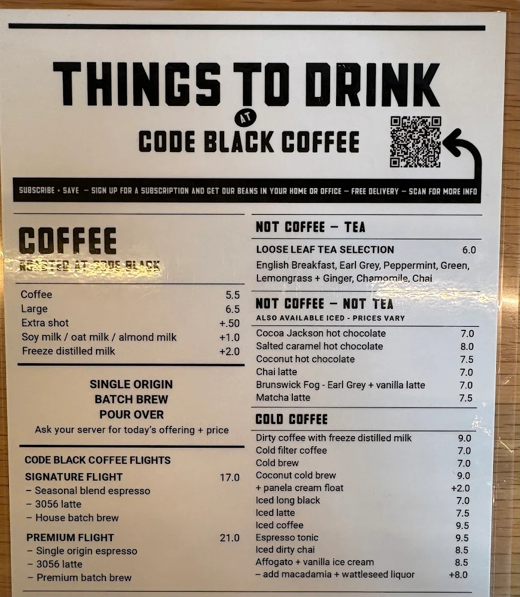 Menu, Code Black Coffee South Melbourne