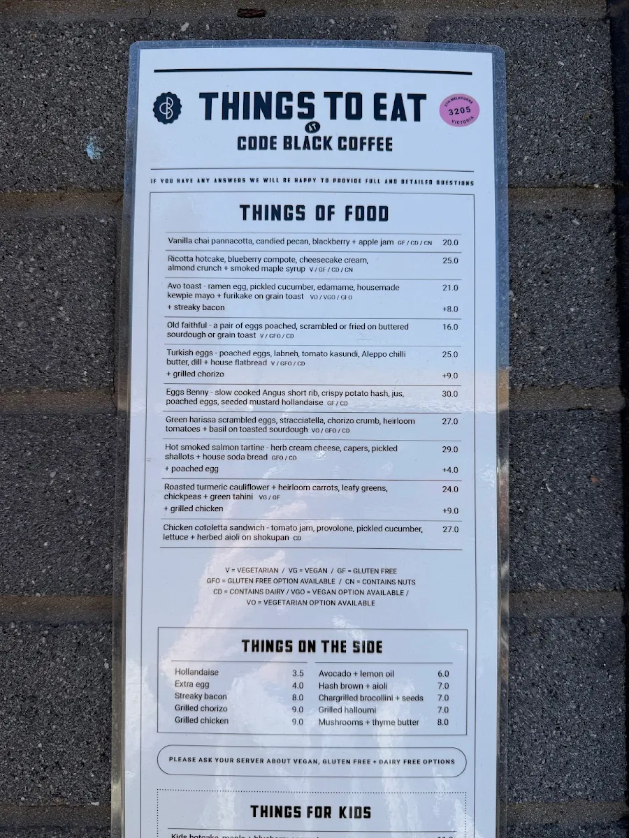 Menu, Code Black Coffee South Melbourne