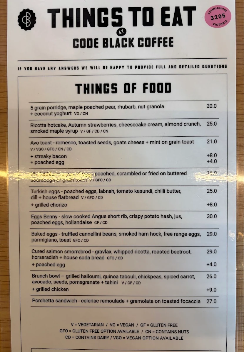 Menu, Code Black Coffee South Melbourne