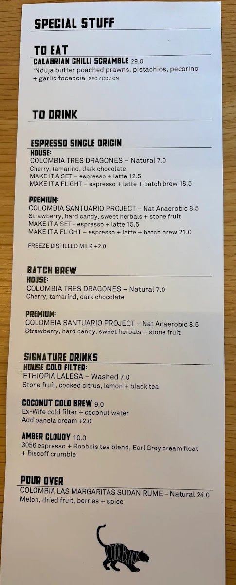 Menu, Code Black Coffee South Melbourne