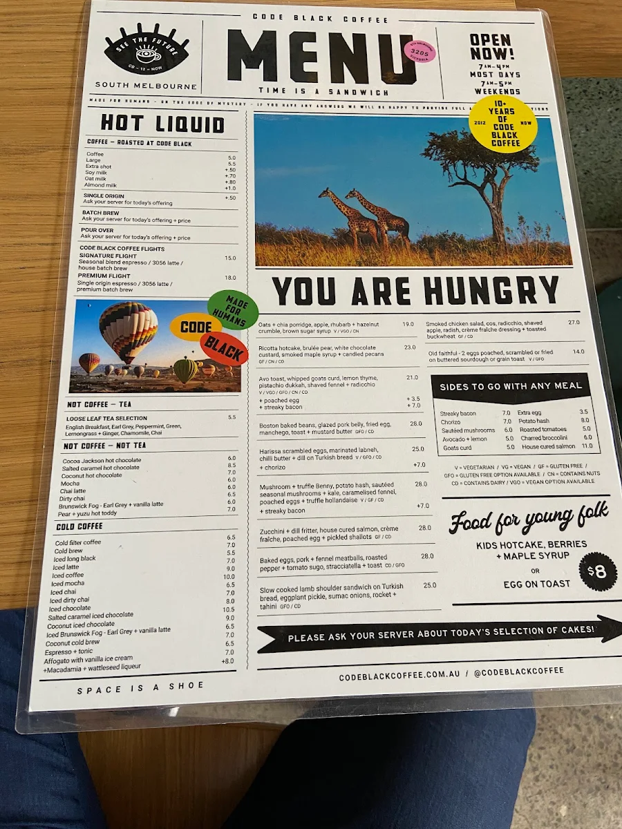 Menu, Code Black Coffee South Melbourne