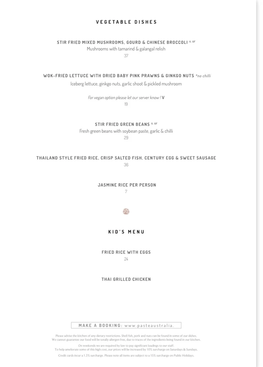 Menu, Paste Australia