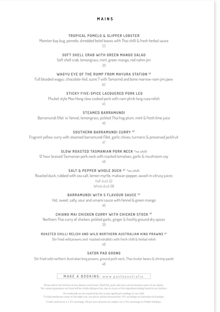 Menu, Paste Australia