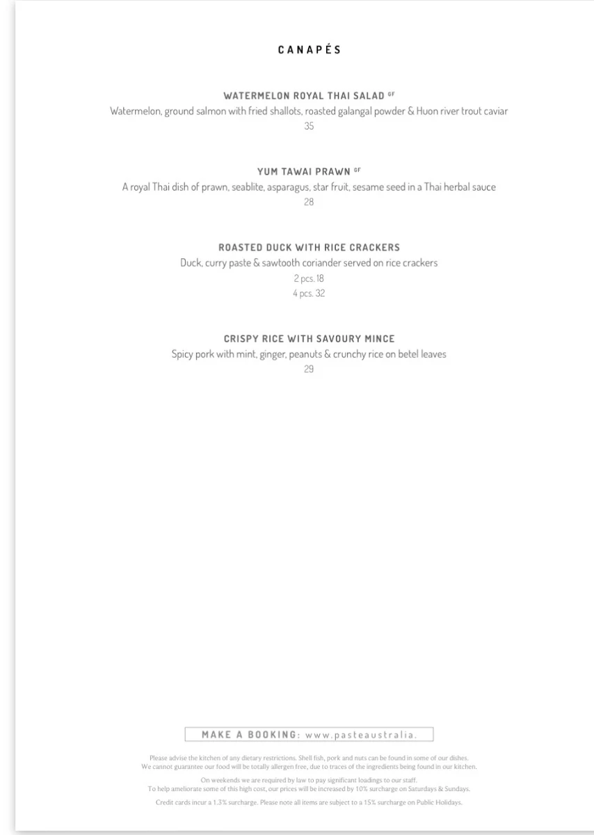Menu, Paste Australia