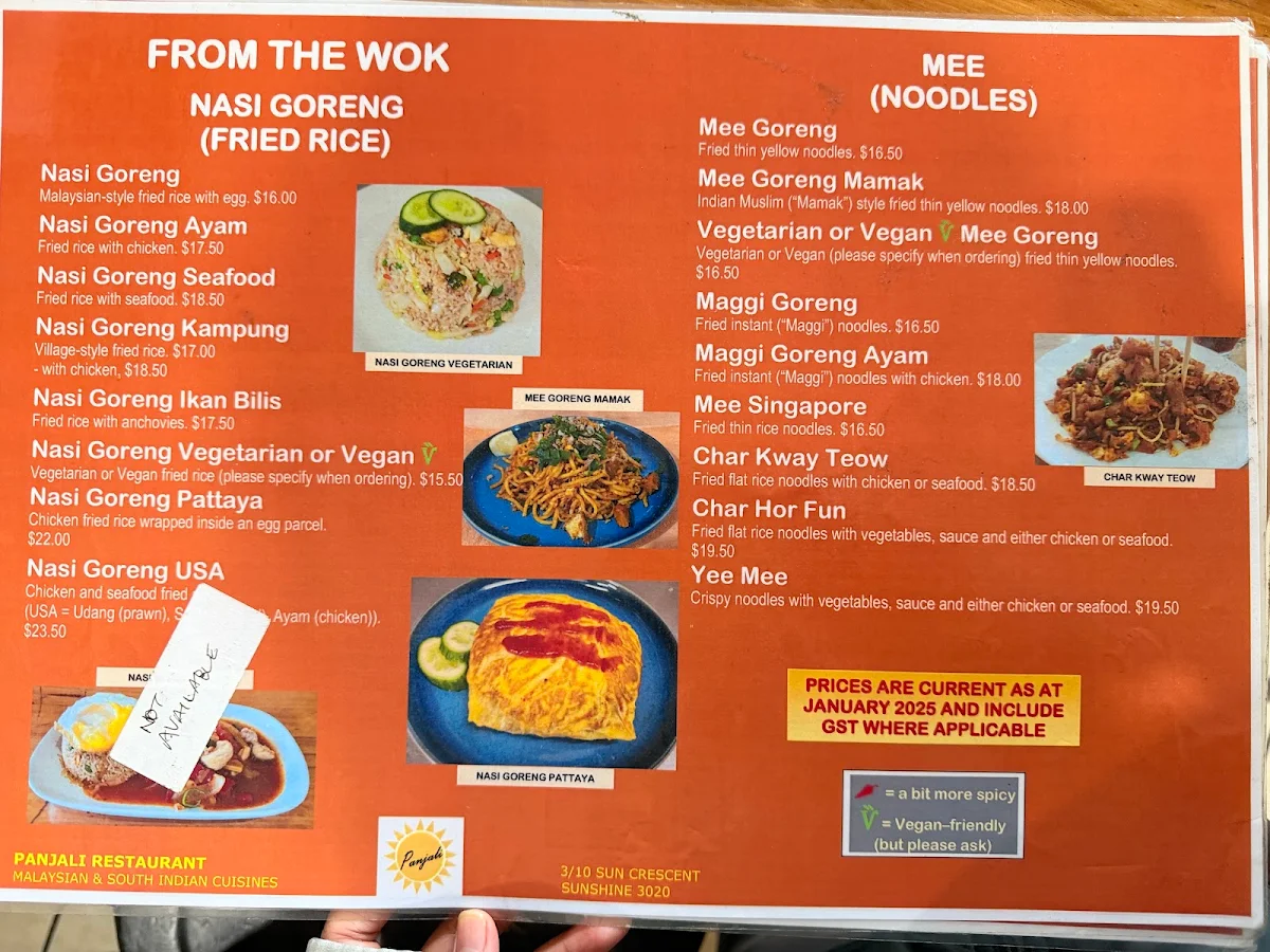Menu, Panjali Malaysian Indian Restaurant