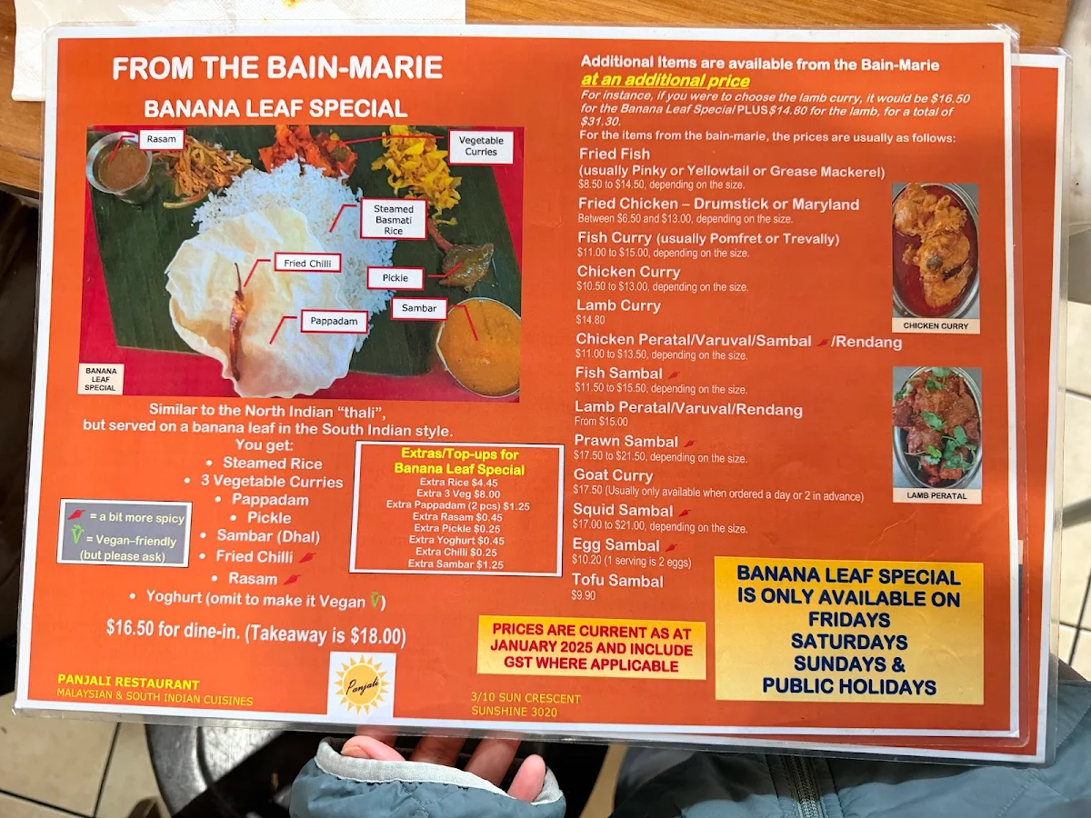 Menu, Panjali Malaysian Indian Restaurant