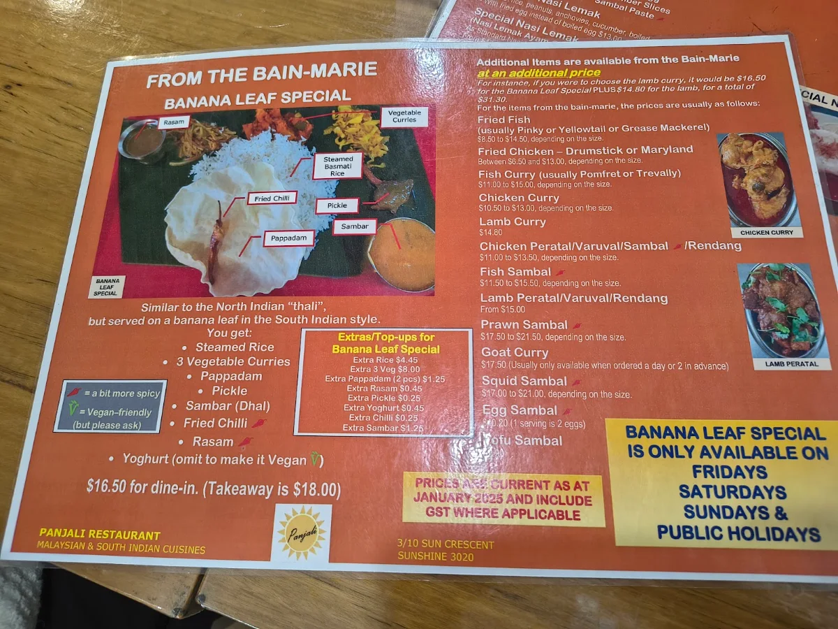 Menu, Panjali Malaysian Indian Restaurant