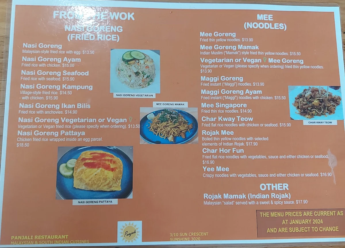 Menu, Panjali Malaysian Indian Restaurant
