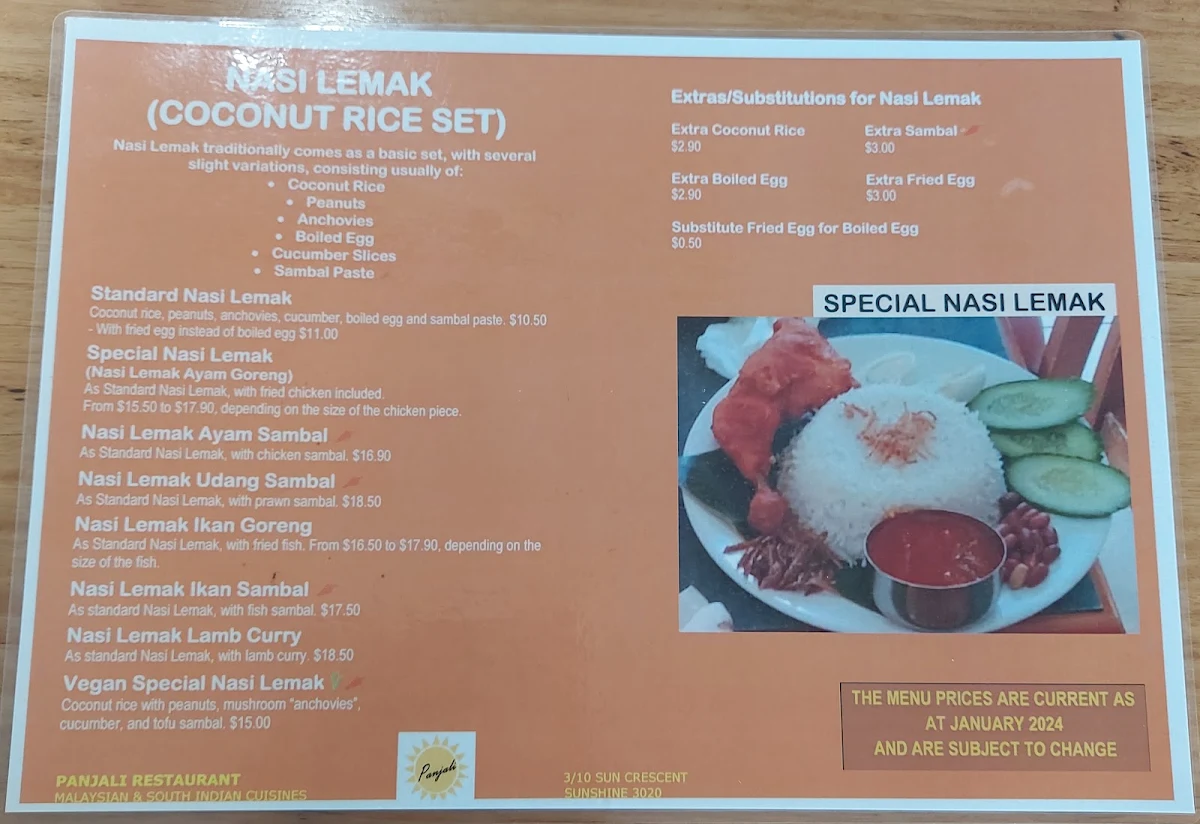 Menu, Panjali Malaysian Indian Restaurant