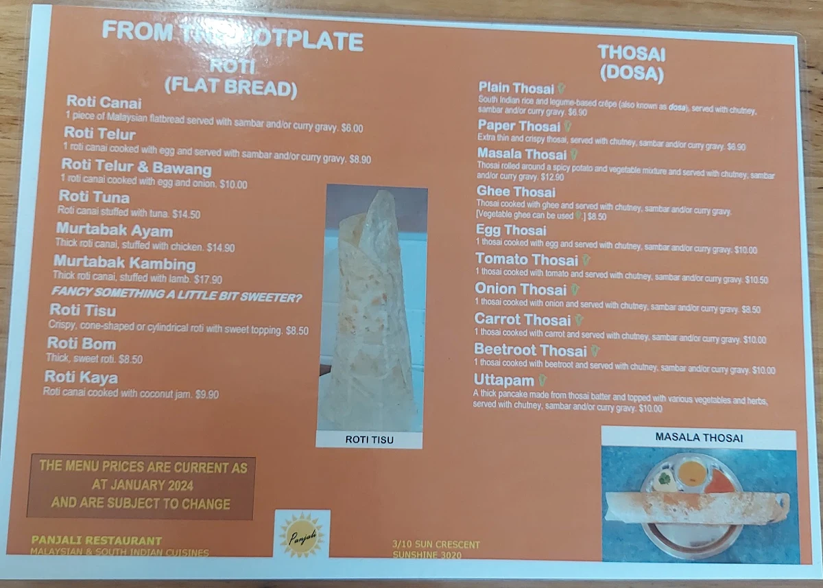 Menu, Panjali Malaysian Indian Restaurant
