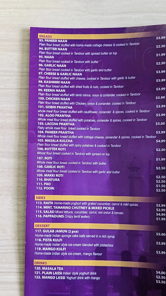 Menu, Taste of Taj Sweets and Indian Cuisine