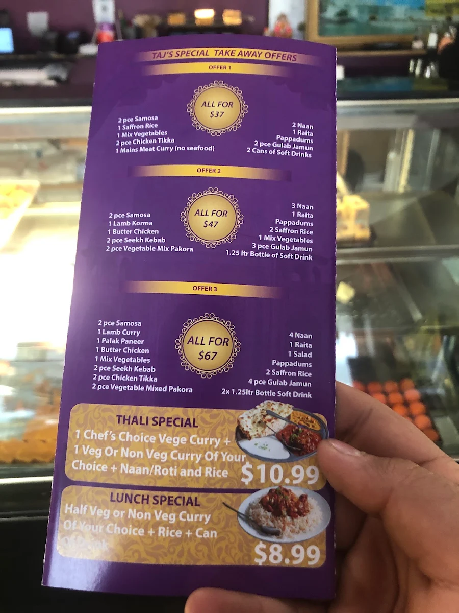 Menu, Taste of Taj Sweets and Indian Cuisine