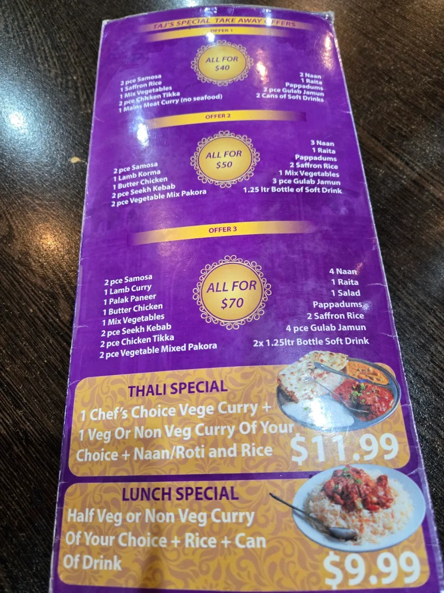 Menu, Taste of Taj Sweets and Indian Cuisine