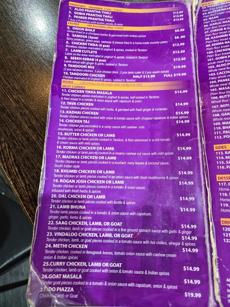 Menu, Taste of Taj Sweets and Indian Cuisine