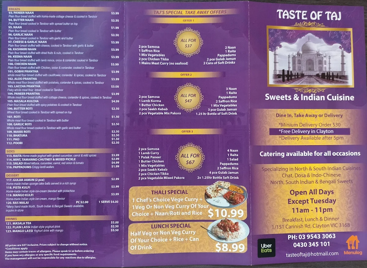 Menu, Taste of Taj Sweets and Indian Cuisine
